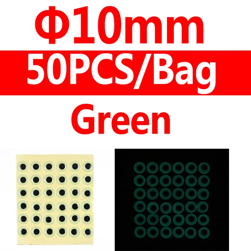 10mm green 50pcs Wifreo 50 шт./лот 3D светящиеся рыбьи глаза имитация мухобойка морские рыболовные Джиги ночная рыбалка приманка аксессуары оранжевый зеленый - Цвет: 10mm green 50pcs
