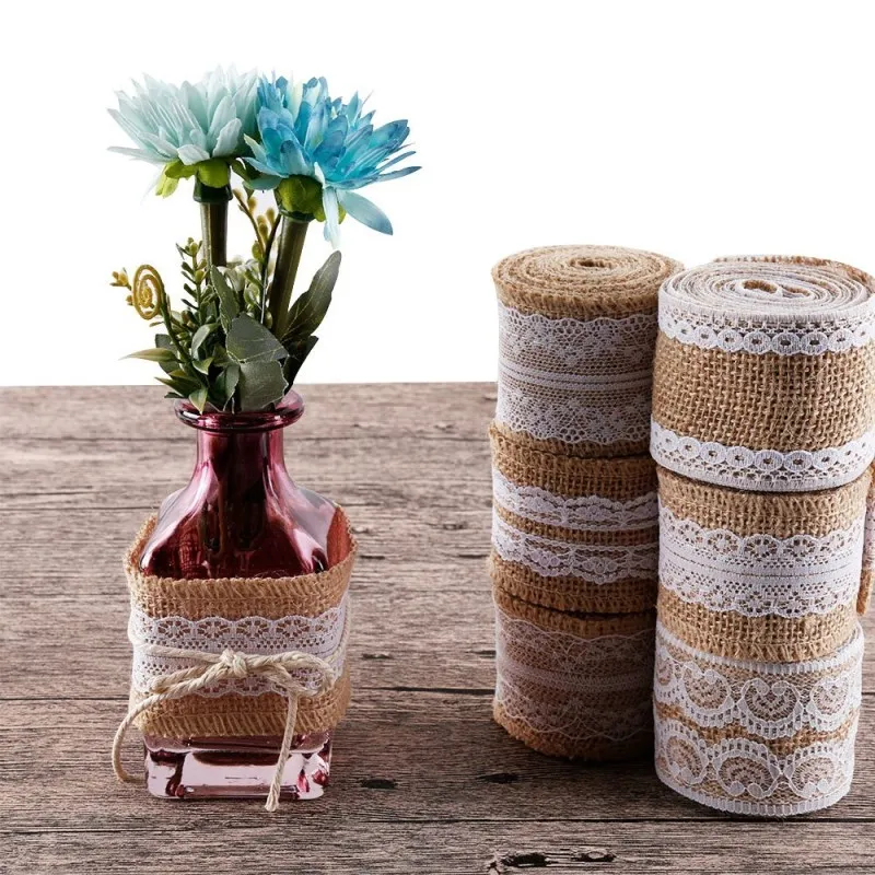 2Yards /Width 5cm Jute Burlap Rolls Hessian Ribbon With Lace Trim Vintage Rustic Wedding Decoration Ornament Party Decor | Дом и сад