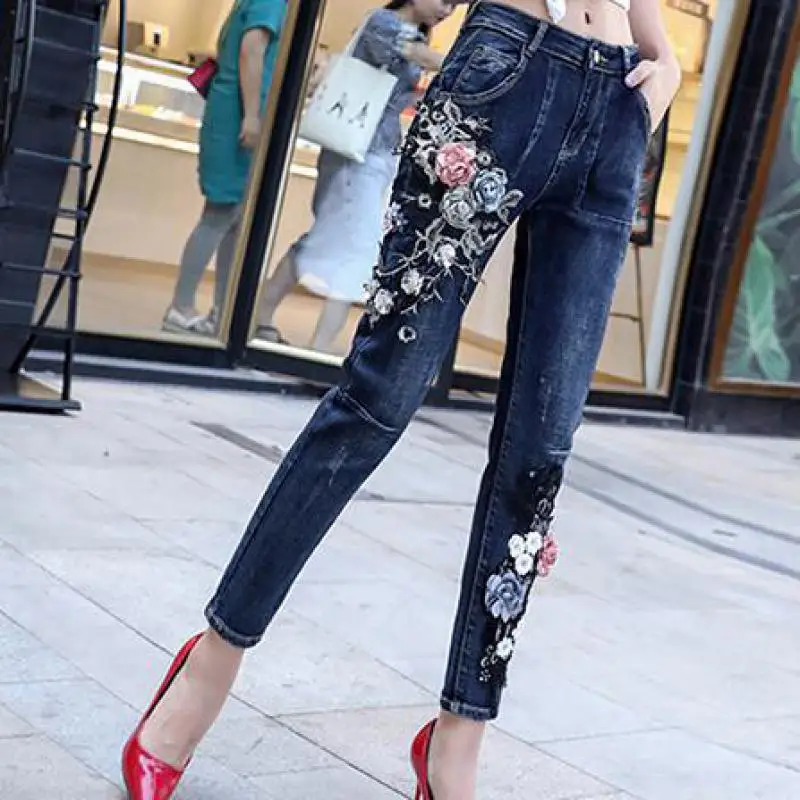 Zuolunouba осень Формальные женские джинсовые брюки вышитые Harajuku цветной бисер
