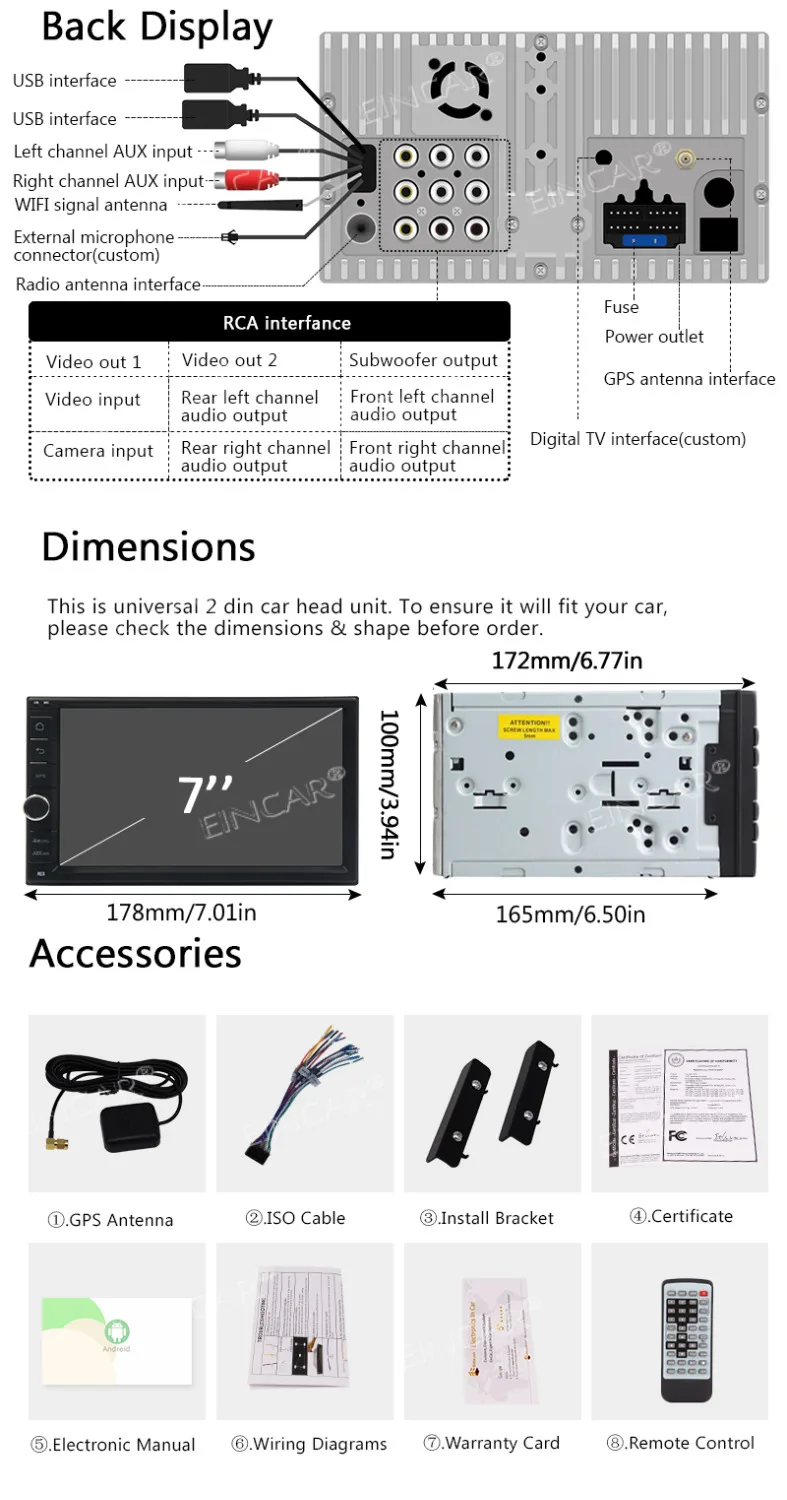 2 Din 2GB+ 32GB with Navigation WiFi Android Auto Backup Camera USB SD AUX 7 inch Touch Screen EinCar Double din 8 |