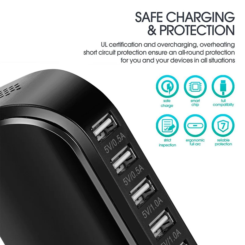 USB Зарядная станция Hub 30W 6 портов Зарядное устройство для стены Портативное путешествие настольный для iPhone iPad Samsung Мобильные телефоны