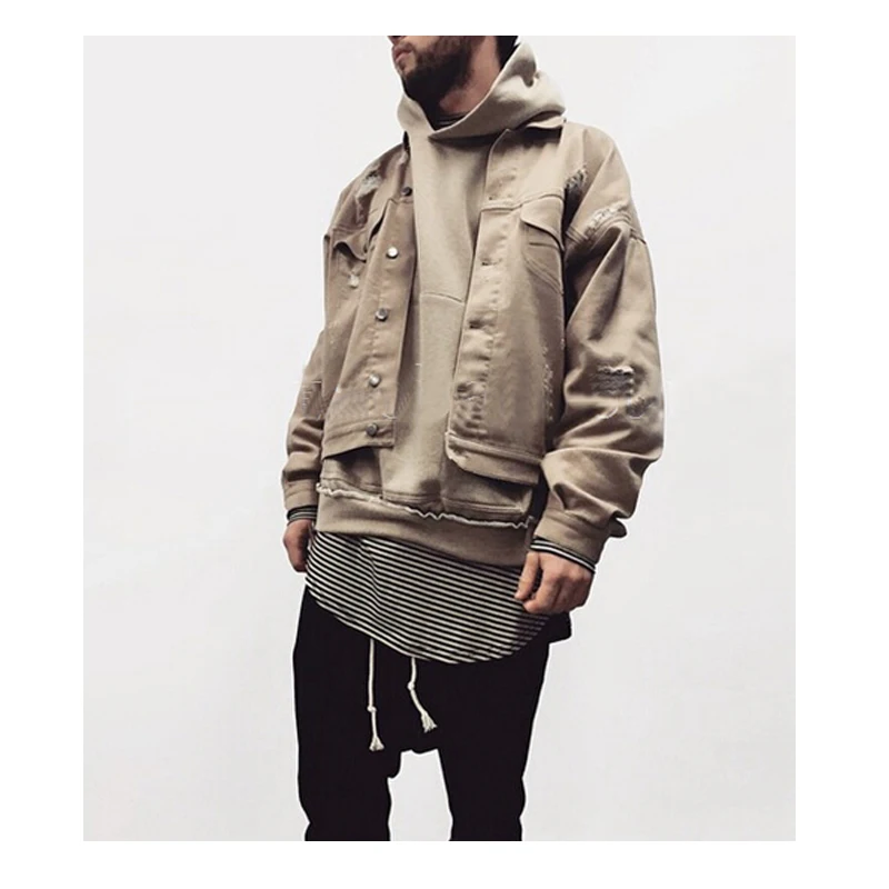 Новые модные хаки джинсовые рваные джинсы куртка мужчины в стиле хип хоп Хабар