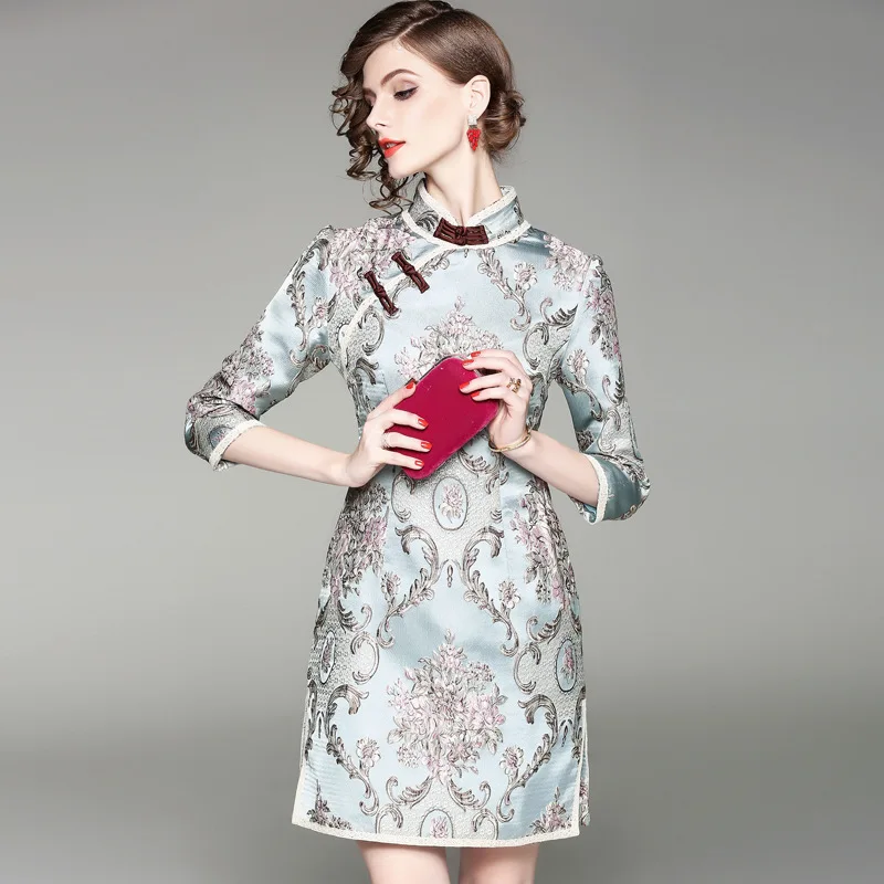 Cheongsam Весна 2018 новый тонкий ежедневно хлопка толстые жаккард Платье чонсам |