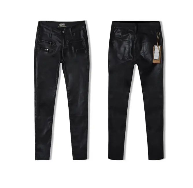 

2019 Women Pu Leather Pants Black Sexy Stretch Trousers Female Low Waist Skinny Slim Fake Zippers Faux Leather Pants D59