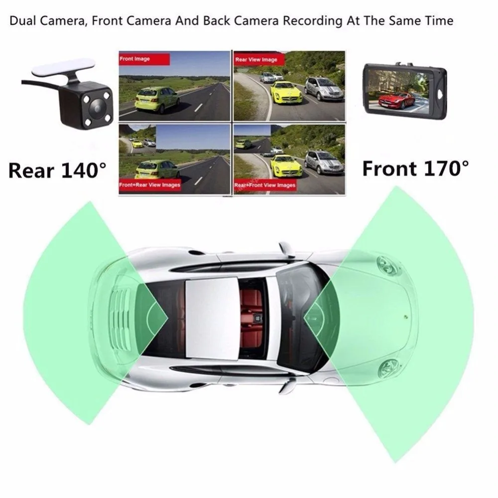 Оригинальный Двойной объектив тире Камера 3 дюймов Dashcam Новатэк 96658 видео