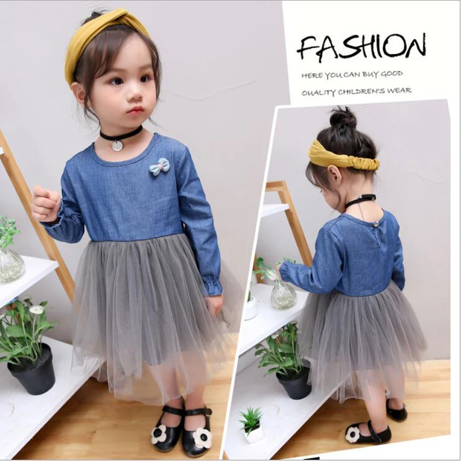 Spring and autumn new children's long-sleeved dress girls cowboy mesh princess | Детская одежда и обувь