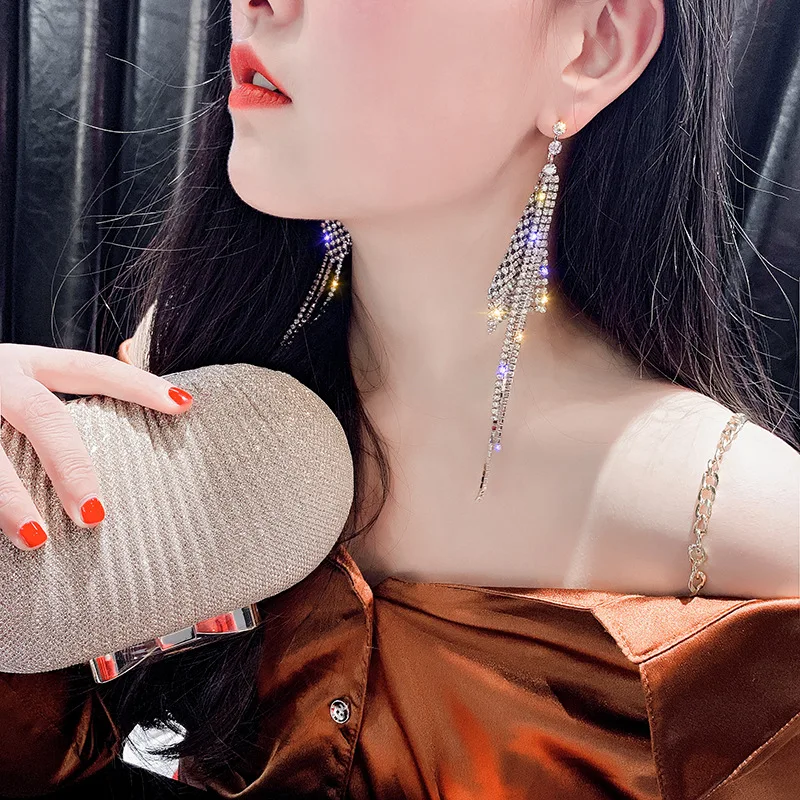 Long Tassel Crystal Drop Earring for Women Bijoux Shiny Silver Color Sequin Rhinestone Dangle Earrings Statement Jewelry | Украшения и