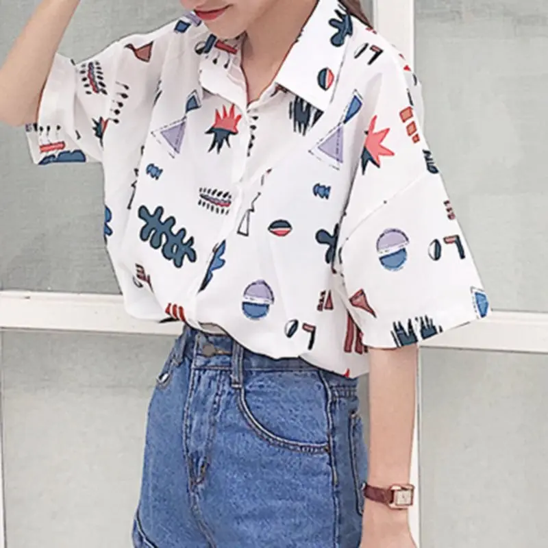 Harajuku White Shirt Women Korean Street Blouses Chic Print Summer Tops School Girl Loose Plus Size Office Ladies Casual Shirts |
