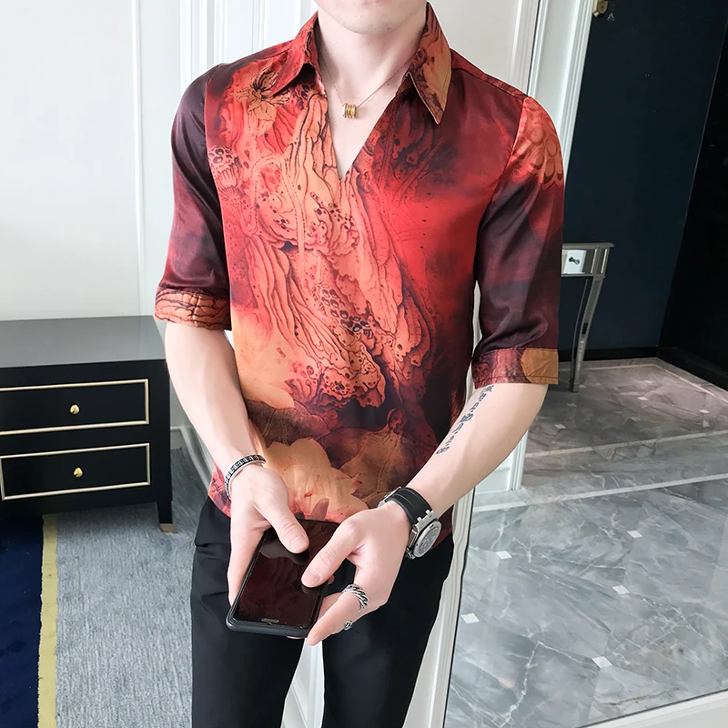 V образный воротник китайский Стиль рубашка Для мужчин Slim Fit Корейская одежда с