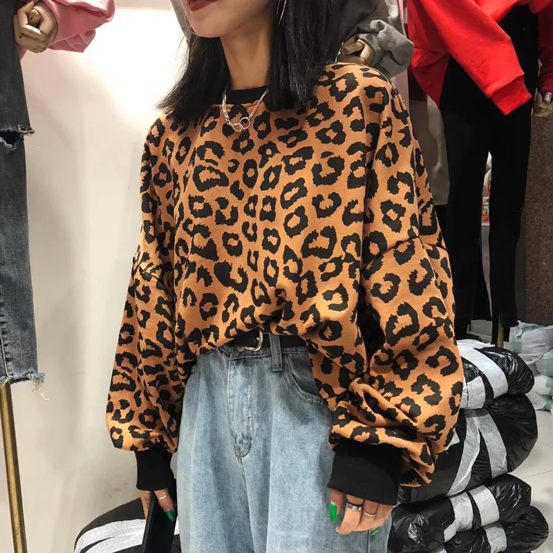 Vogue Для женщин 2018 полный Leopard Мода толстовки с длинными рукавами и круглым вырезом
