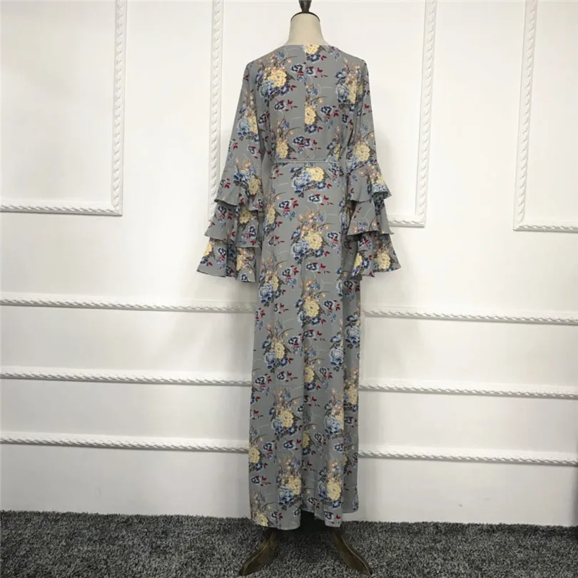 2020 мусульманское платье с цветочным принтом Abaya расклешенными рукавами