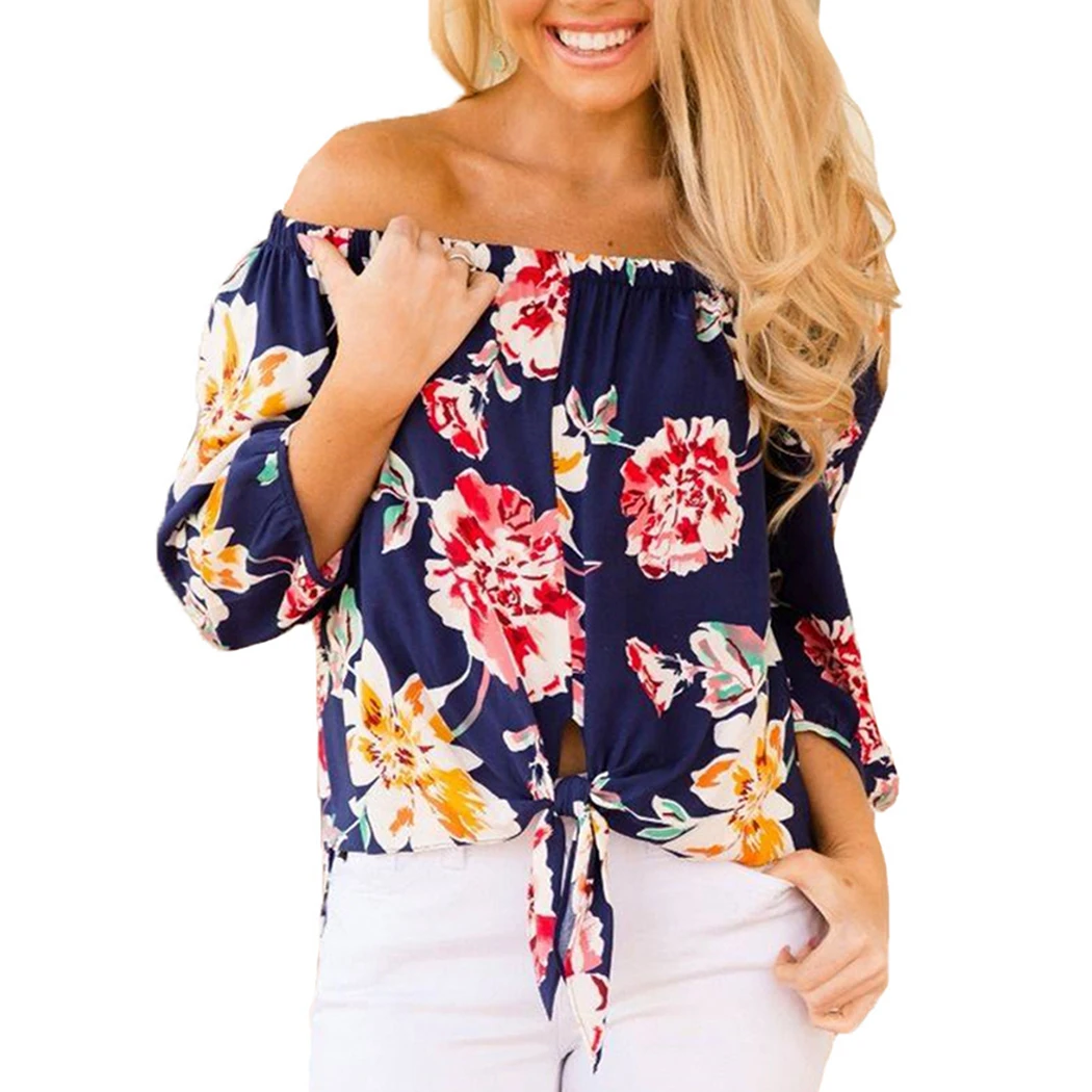 2019 Sexy Off Shoulder Floral Blouse Top Women Summer Half Sleeve Sash Neck Shirt Beach Boho Lace Up Loose Blouses Tunic Femme |