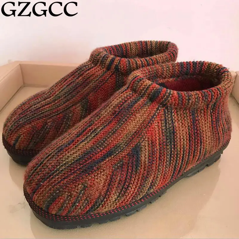 GZGCC Knitted Boots Wool Handmade Women Shoes Woolen Snow Flat Bootie Botas Mujer | Обувь