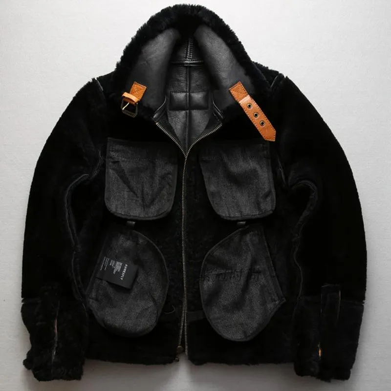 Мужская летная куртка Axirex fly B3 черная бомбер из натуральной овечьей кожи на