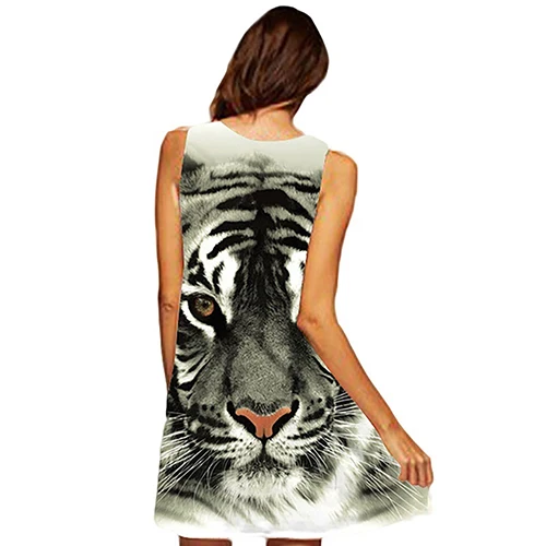 Женское летнее мини платье без рукавов с принтом головы тигра и круглым вырезом|loose dress|women summerdress dress |