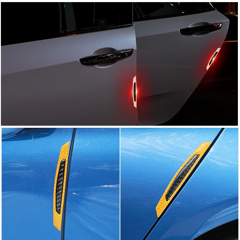

4pcs Car Door Light Reflector Warning Tape Safety Mark Reflective Strips Carbon Fiber Type Decal Stickers