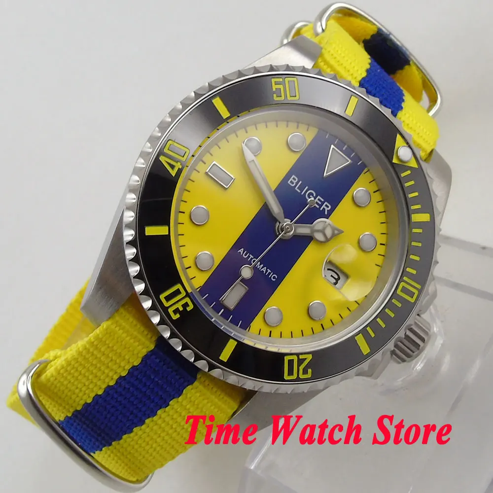 Часы Bliger мужские с циферблатом 40 мм циферблат желтого и синего цвета стекло saphire
