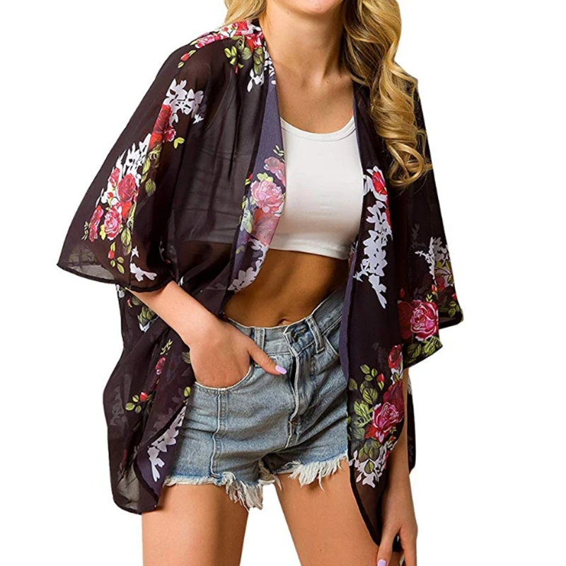 Женское шифоновое кимоно блузка пальто Бохо цветочный Кардиган Куртка Пляжная