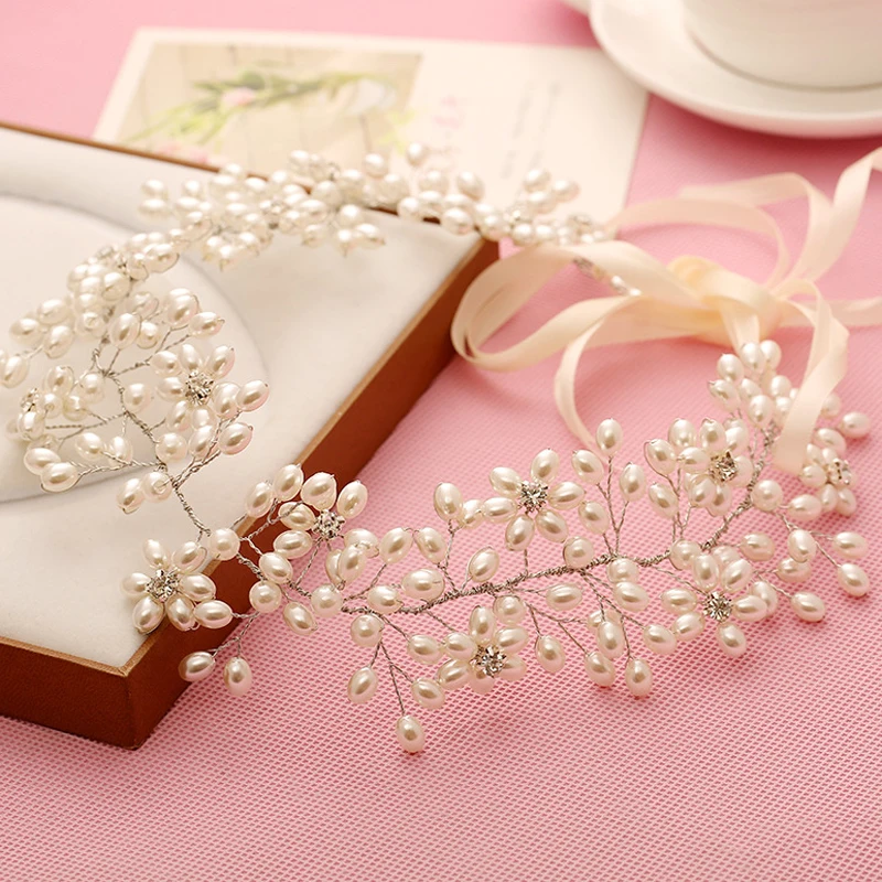 Handmade Romantic Prom Wedding Ribbon Headband Pearl And Crystal Hair Vines Bridal Headpiece Bride Accessories | Украшения и