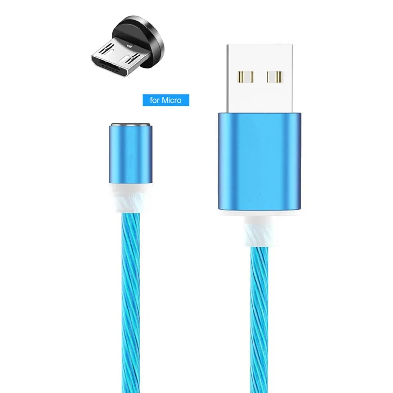 Светодиодный светящийся потока Магнитный USB кабель для передачи данных для iPhone X Xs Max Магнит Micro Тип usb C провод для Samsung Galaxy S9 S10 A50 Xiaomi huawei - Цвет: Blue with Micro USB