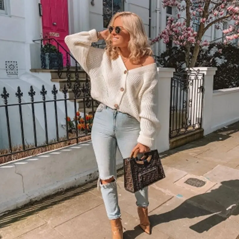 Женский вязаный кардиган однотонный однобортный джемпер с v-образным вырезом на