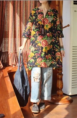 Акция Топы Плюс Размер винтажная хлопковая Свободная рубашка с v-образным