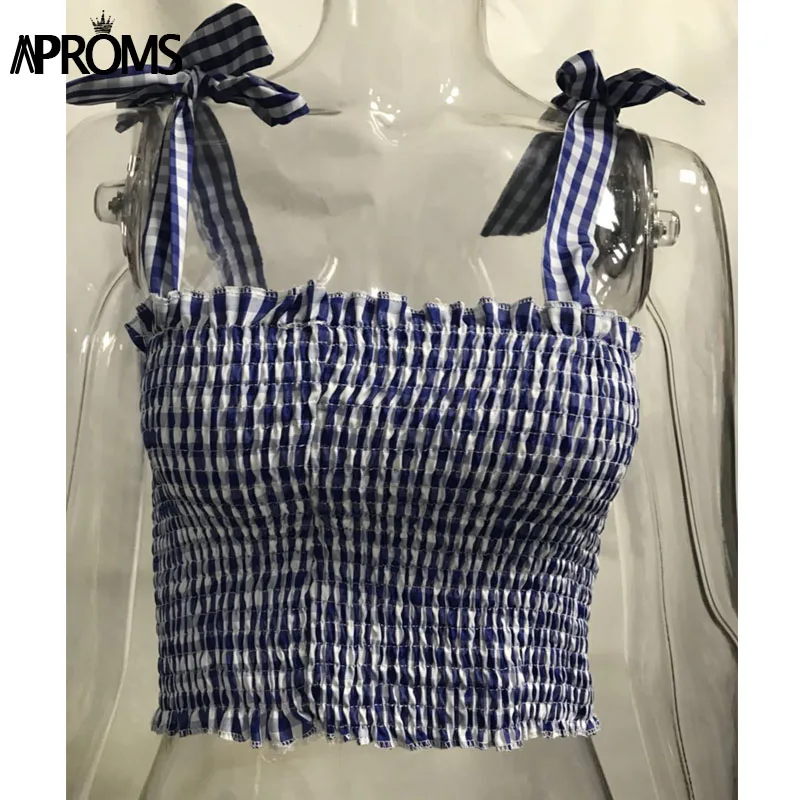Blue Plaid Aproms одноцветное галстук-бабочку шифон Топики женские уличная Топ Для женщин Мода Ruched Pleated Crop Top Sexy Бюстье Футболки для девочек Feamle Безрукавки для женщин - Цвет: Blue Plaid
