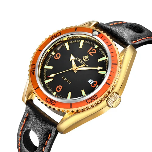 Gold Orange MG. ORKINA модные повседневные мужские часы с поворотным ободком Reloj Hombre Japan Miyota Move Мужские t часы Мужские Аналоговые Кварцевые Мужские наручные часы - Цвет: Gold Orange