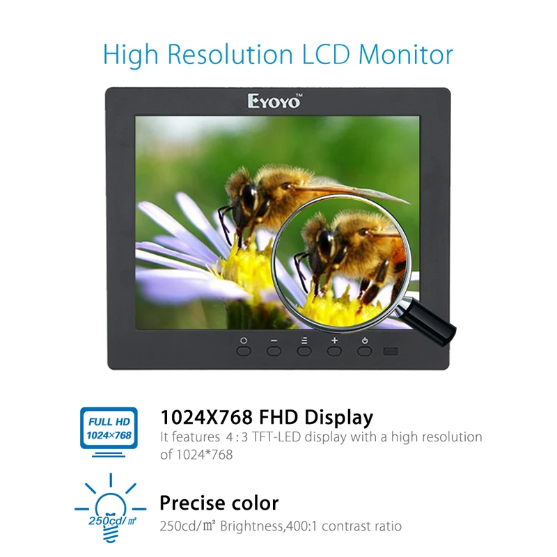 EYOYO S801C 8" inch LCD 4:3 Monitor VGA BNC HDMI Ypbpr with Built-in speakers for PC DVR CCTV Security Survillance | Безопасность и