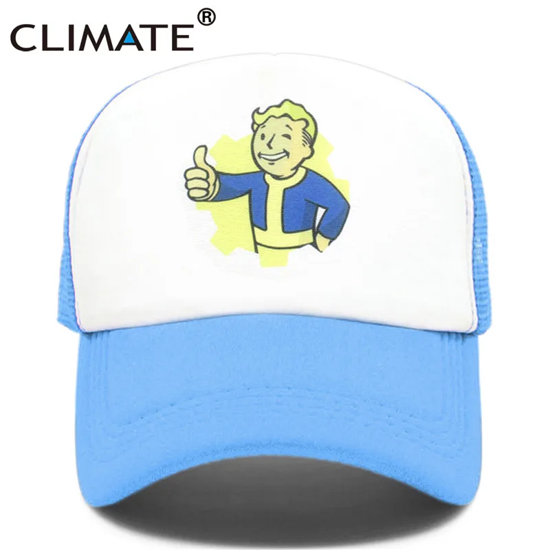 Климат Fallout Trcuker кепка мужская шляпа Nuka Cola Trcuker Кепка хранилище кепки для мальчиков мужчин и женщин забавные крутые Fallout Shelter сетчатая Кепка шляпа - Цвет: Sky