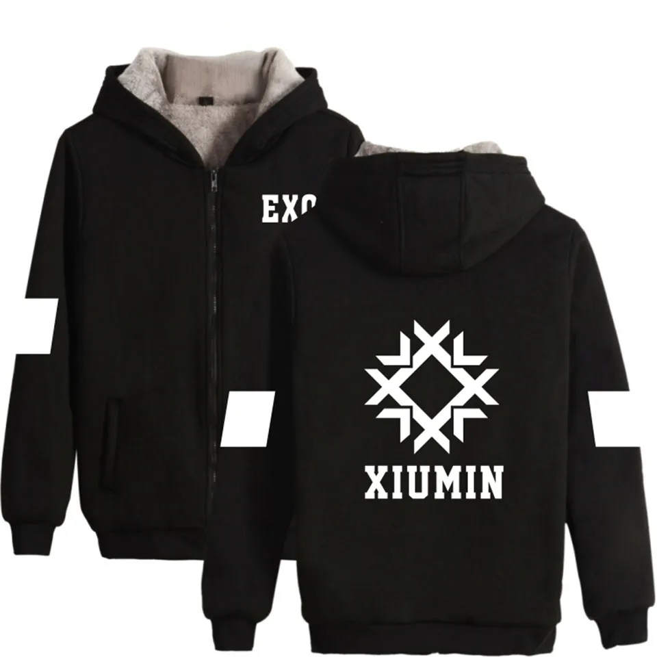 EXO Kpop логотип зимние теплые хлопковые Толстовки на молнии для женщин корейский