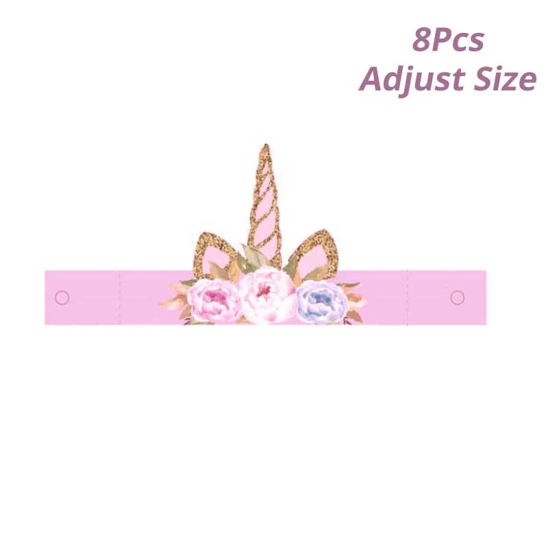 8pcs Paper Headdress Вечерние принадлежности в виде единорога для детей на первый день рождения, бумажные стаканчики и тарелки, скатерть, салфетка, баннер, топпер для торта, вечерние принадлежности для детского душа - Цвет: 8pcs Paper Headdress
