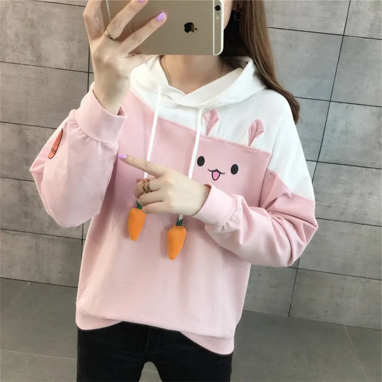 Merry Pretty для женщин толстовки животных Прекрасный пуловер Kawaii кроличья толстовка милый кролик Графический верхняя одежда Розовый Черный худи для девочек