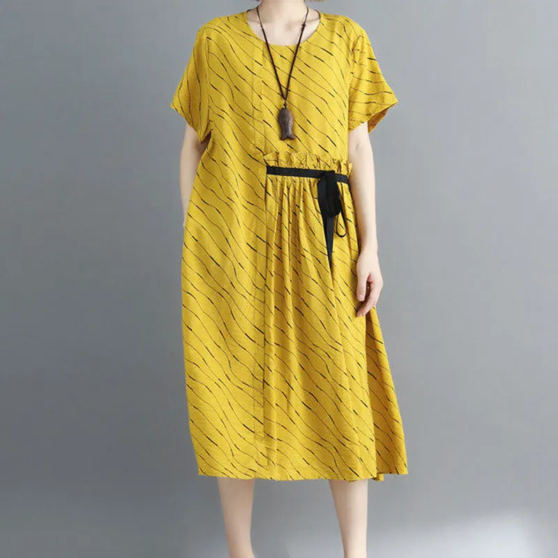 Twojstyle 2018 Summer Women Cotton Striped Dress Fashion High Waist Round Collar Short Sleeve Knee-Length Have Sashes | Женская одежда