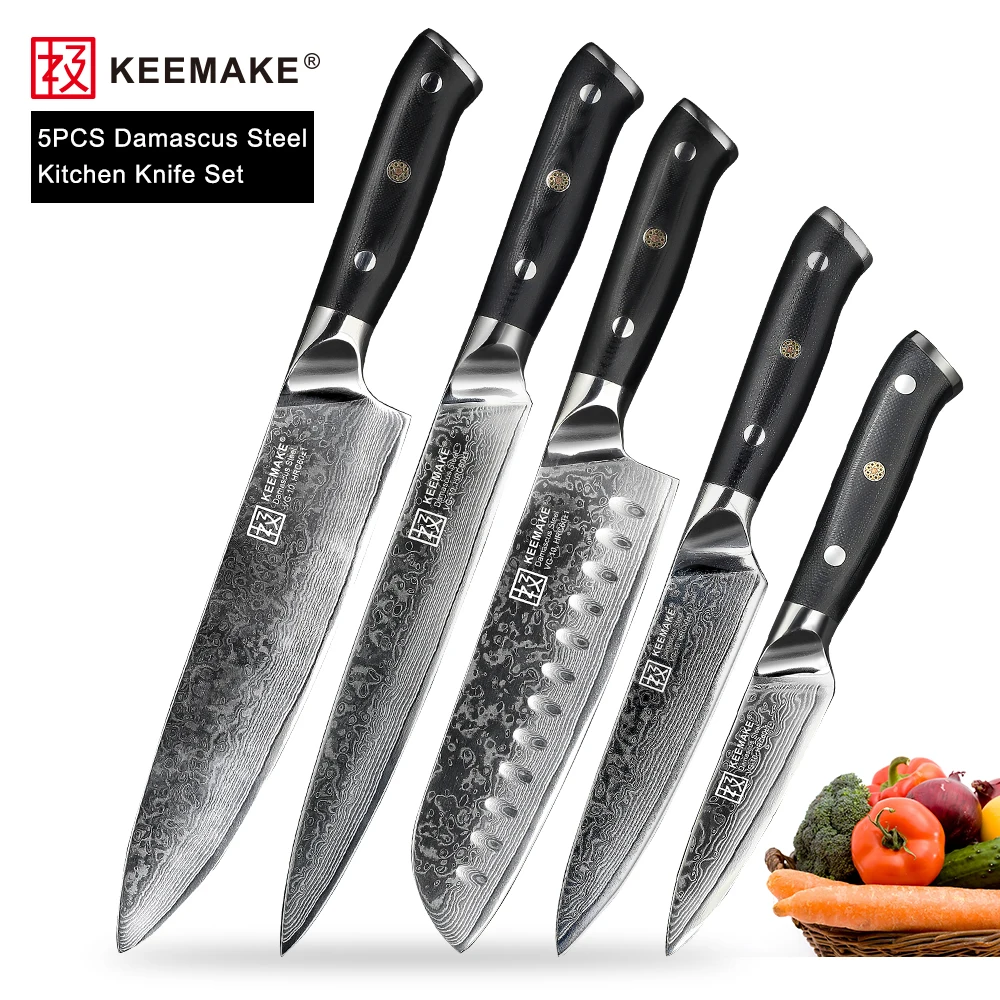 

KEEMAKE 5PCS Kitchen Knives Set Slicer Utility Chef Paring Knife Japanese Damascus VG10 Steel Core Cutting Tools G10+S/S Handle
