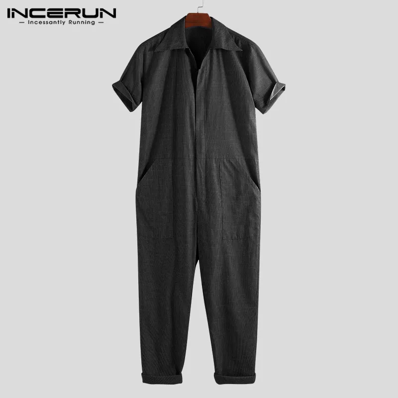 INCERUN, новинка, мужские комбинезоны, комбинезоны с коротким рукавом, с отворотом, на шее, уличная одежда, мешковатые штаны, одноцветные, дышащие, модные мужские комбинезоны карго
