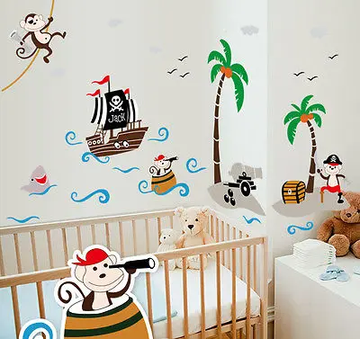 Monkey&ampPirate Ship Cartoon Wall Sticker Mural Vinyl Art Decal Baby Nursery | Дом и сад