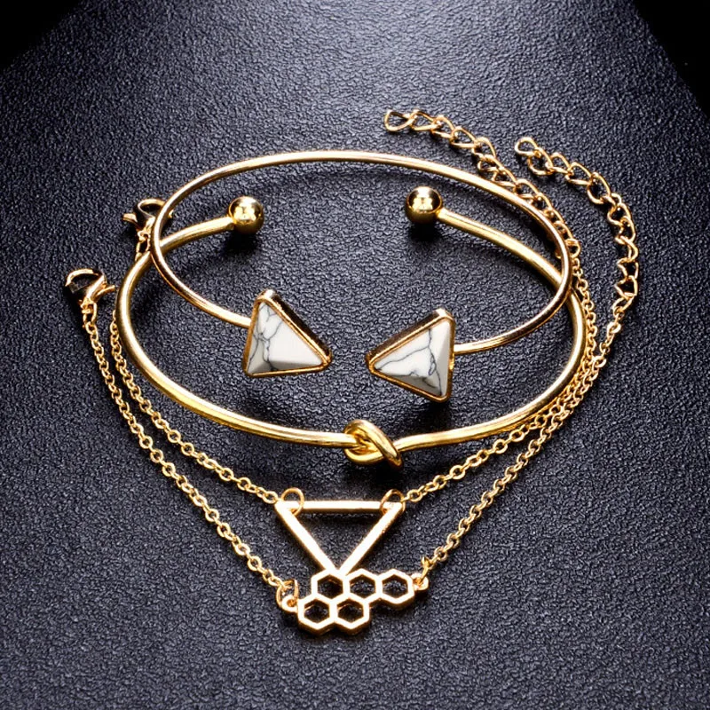 New 4pcs Infinite White Stone Bangle Women Triangle Honeycomb Pendant Link Chains Twist Open Cuff Bracelets/Bangles Set Female | Украшения