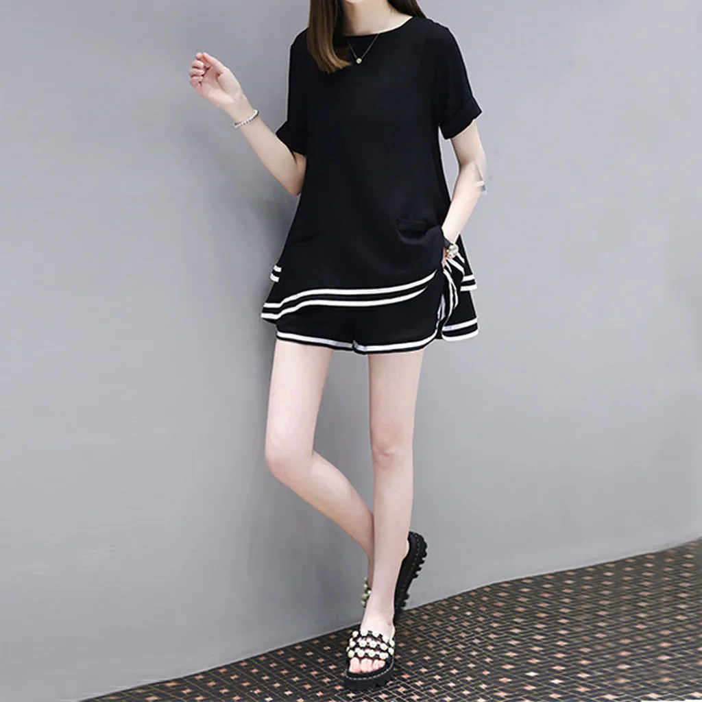 Fashion Women Two Piece Sets Sport Ruffle Pants Set Suit Summer Daily Clothing Solid Casual Blouse Tops Shirt костюм женский |