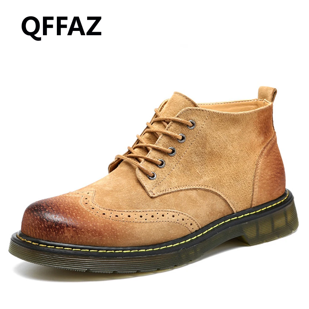 QFFAZ 2018 New Men Ankle Boots Fashion Spring Footwear Suede Leather shoes Lace Up Casual Short Boot Brown Khaki | Обувь