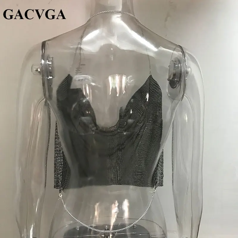 Женский укороченный топ с кристаллами GACVGA черный металлический Топ без косточек