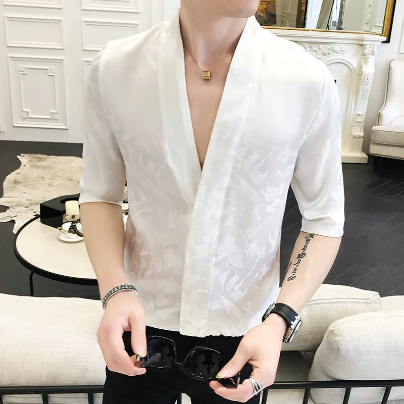 Розовые мужские шелковые рубашки, роскошные мужские рубашки Camisa Social Masculina, облегающие атласные черные рубашки, мужские Модные, японские летние мужские рубашки
