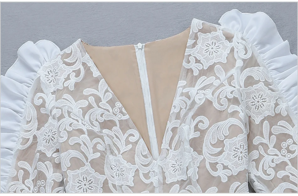 Романтический рябить вышивка сетки Для женщин Femme платье Vestidos с v-образным вырезом и длинным рукавом Сладкий плотно Талия Мини вечернее платье-футляр