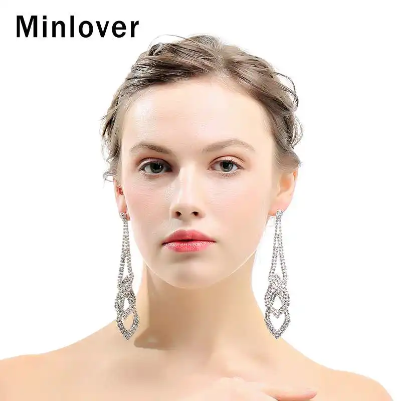 Minlover Rhinestone Geometric Long Pendant Drop Earrings Jewelry for Women Silver Color Hanging Dangle Wedding MEH1012 | Украшения и