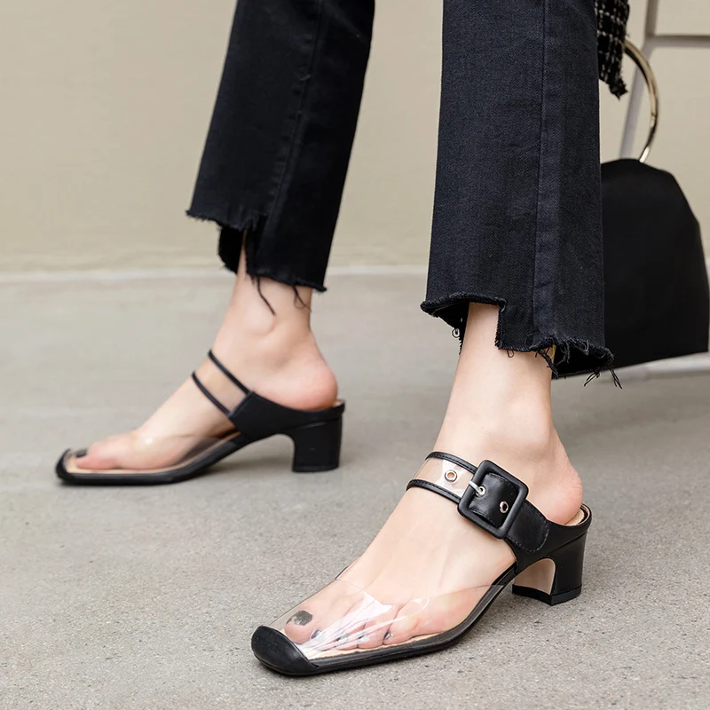 

Dilalula 2021 New Genuine Leather Pumps Women Summer PVC Mules Chunky Heels Casual Shoes Woman Party Sandals Lady Footwear