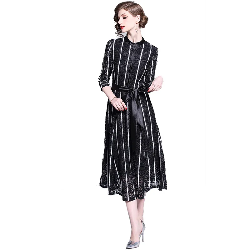 Женское платье Весна 2019 Новый стенд воротник укороченные платья рукава черный