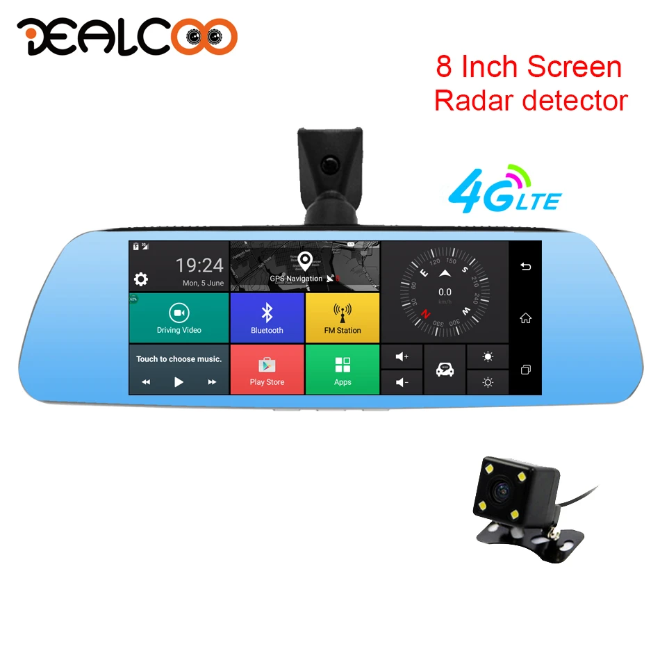 Dealcoo 8' ips сенсорный экран автомобильный dvr 3 в 1 Радар детектор Android зеркало 4G/wifi