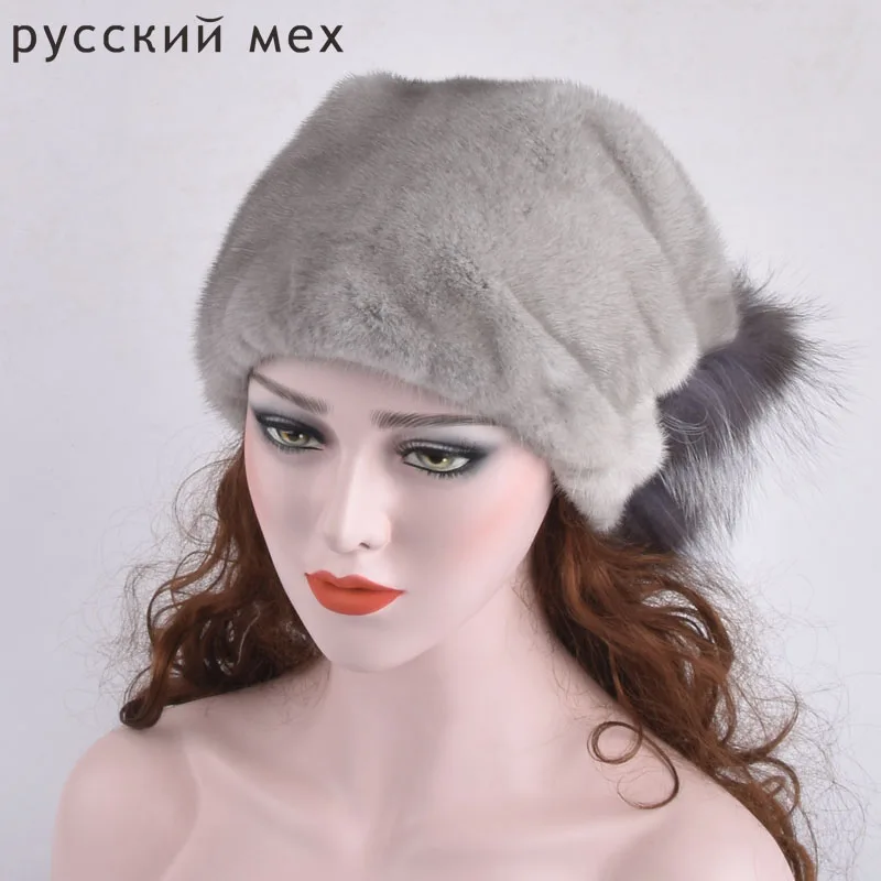 Настоящий полностью из норки меховые шапки с серебряным лисьим мехом Зимние