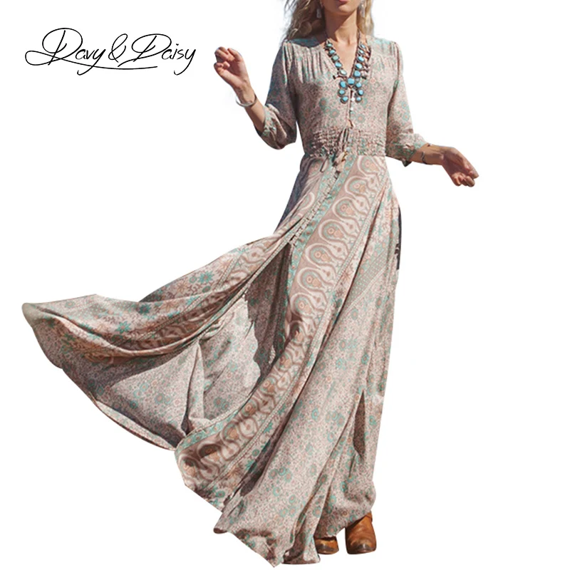 Davydaisy женщины dress чешские v шеи сексуальный разрез печати boho винтаж кисточкой