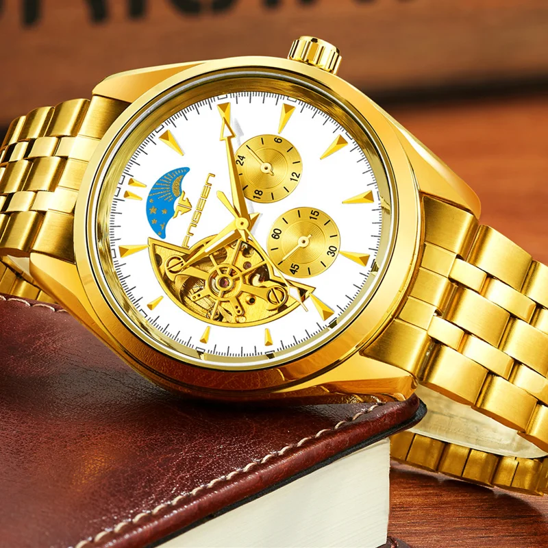 Winner мужские часы с изображением скелета автоматические механические золотистые